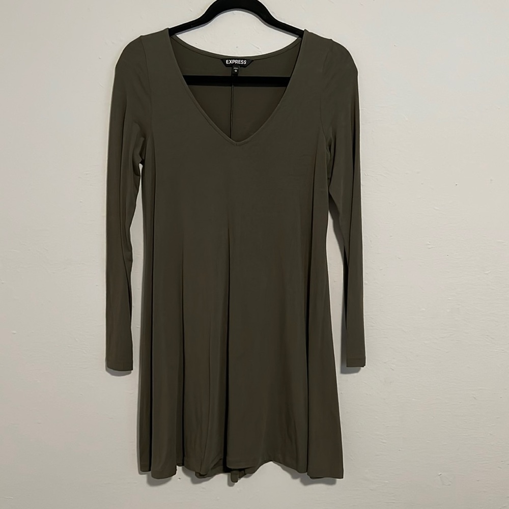 Express Long Sleeve Skater Dress - Olive - XS
